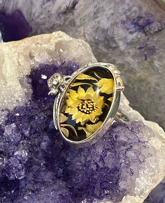 Sterling Silver Carved Amber Ring With Flowers & Amethyst Lady Bug • Adjustable