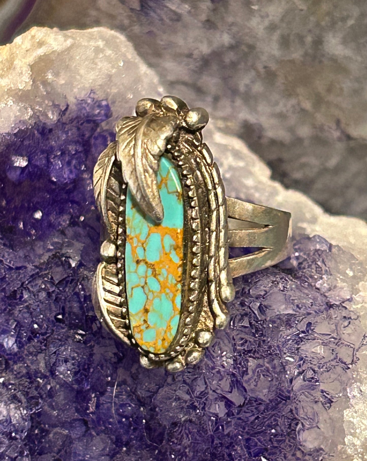 Vintage Sterling Silver 1996 Carol Felley Feather  Leaf Turquoise Ring Size 9