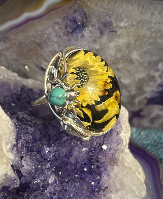 Sterling Silver Carved Flower Baltic Amber Ring w/ Turquoise Spider Adjustable