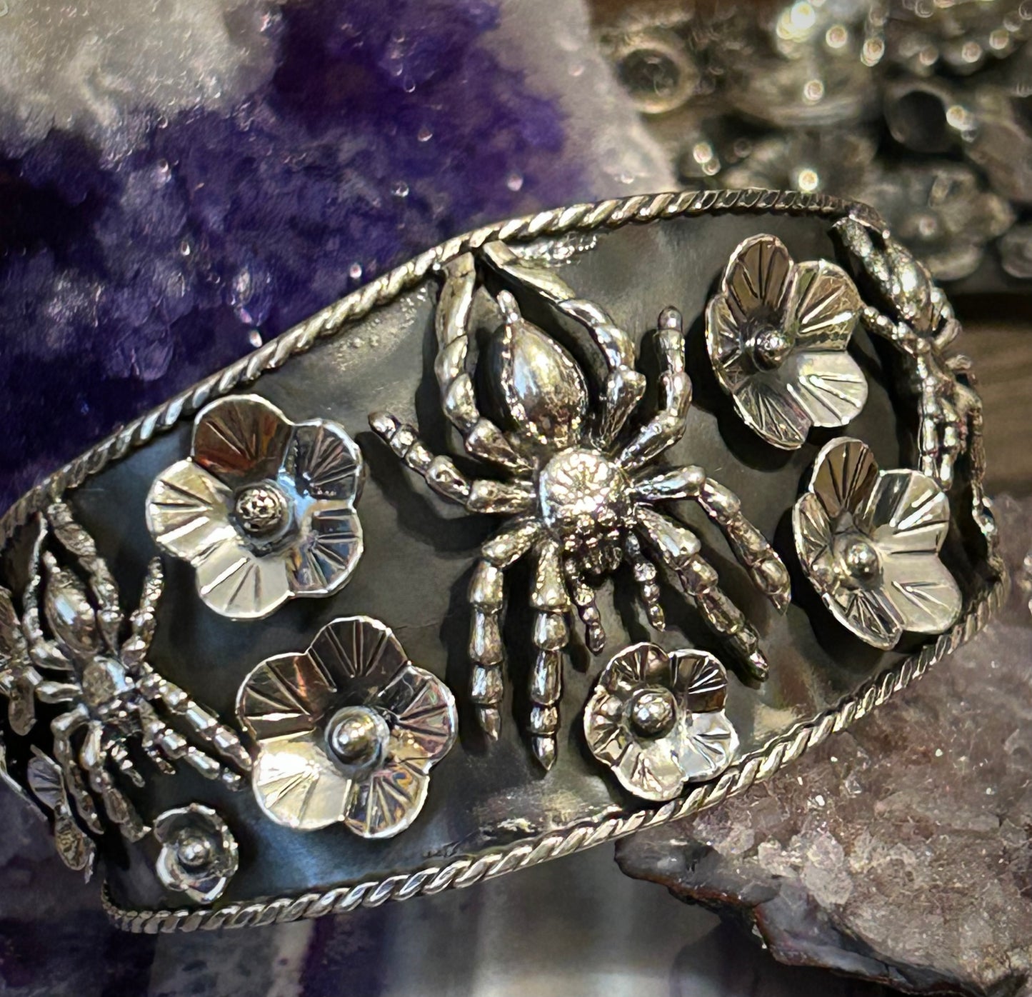 Sterling Silver Taxco Mexico Spider & Flower Cuff Bracelet