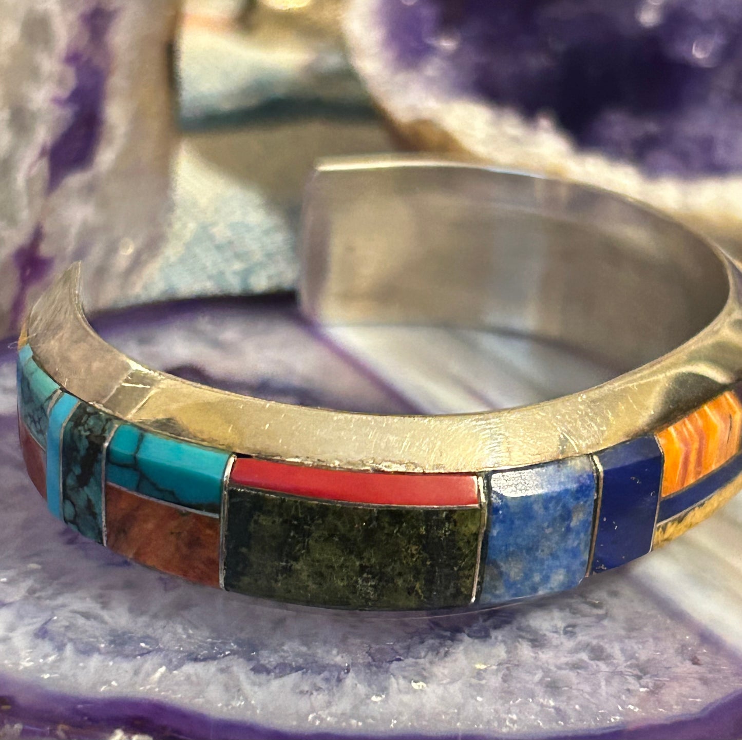 Native American Sterling Silver Multi Stone Inlay Cuff Bracelet Signed “C”