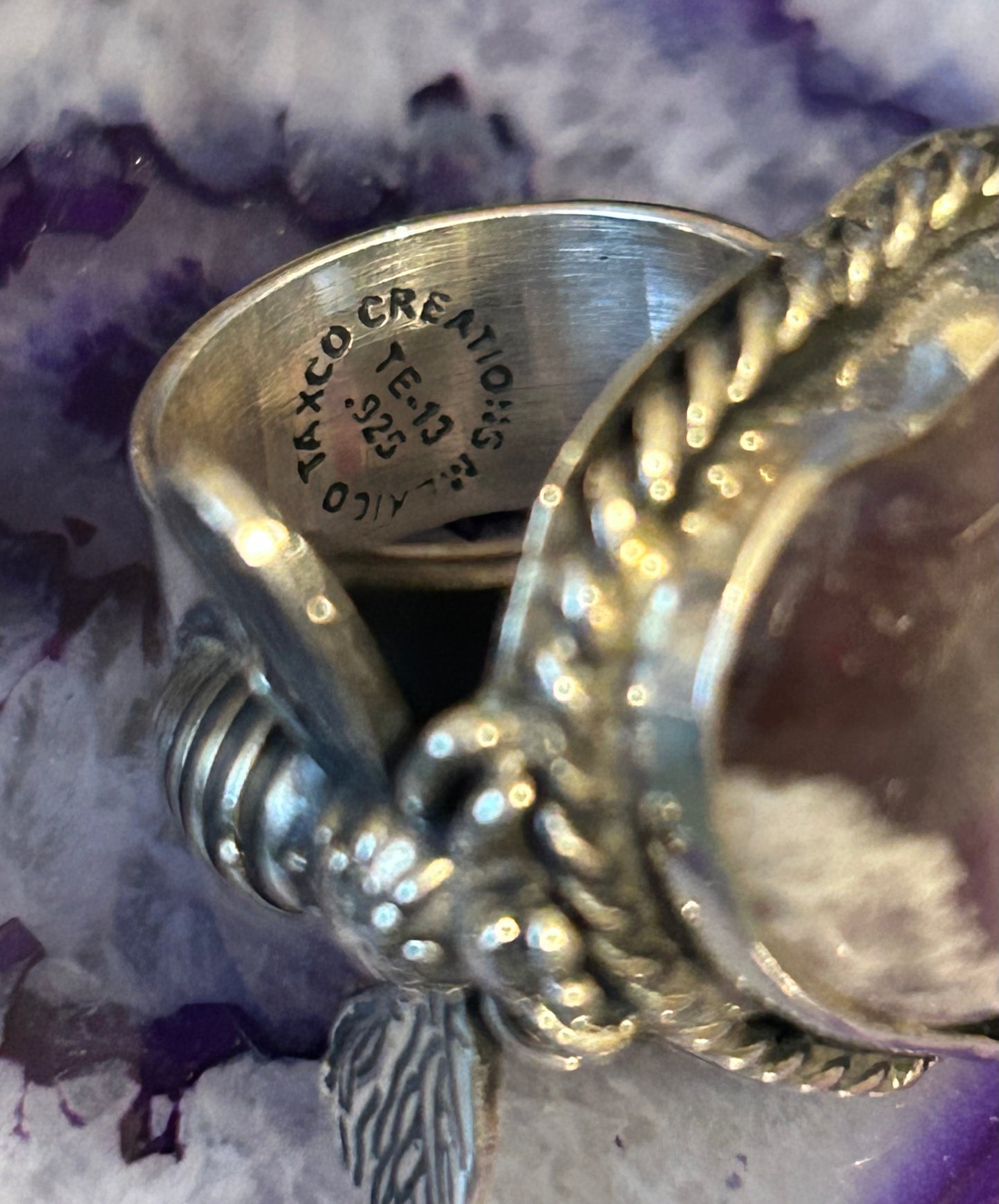 Sterling Silver Modern Taxco Mexico Chunky Chevron Amethyst Heart & Bee Ring