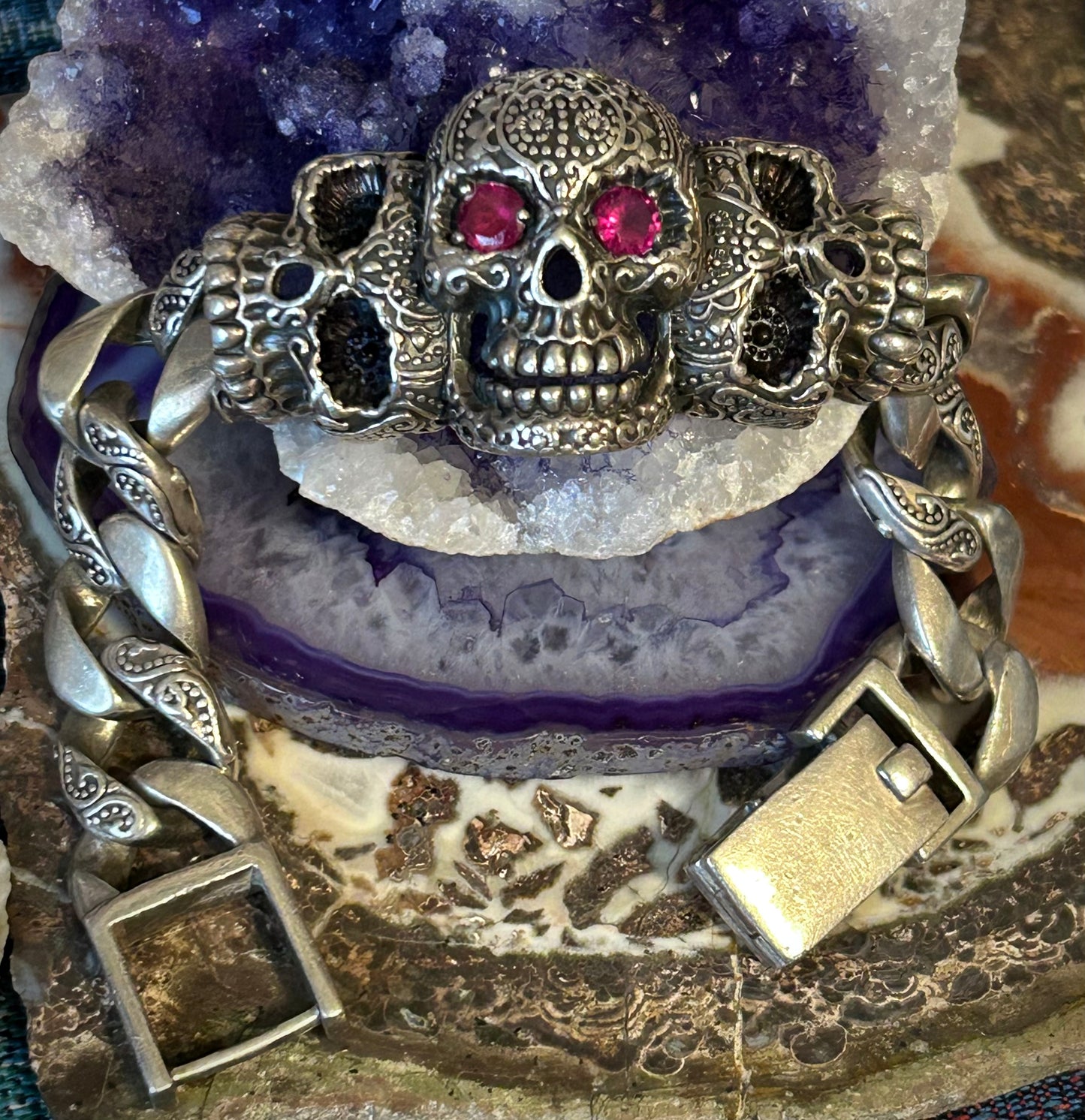Vintage Sterling Silver Heavy Skull Cuban Link w/ Ruby Eyes Bracelet
