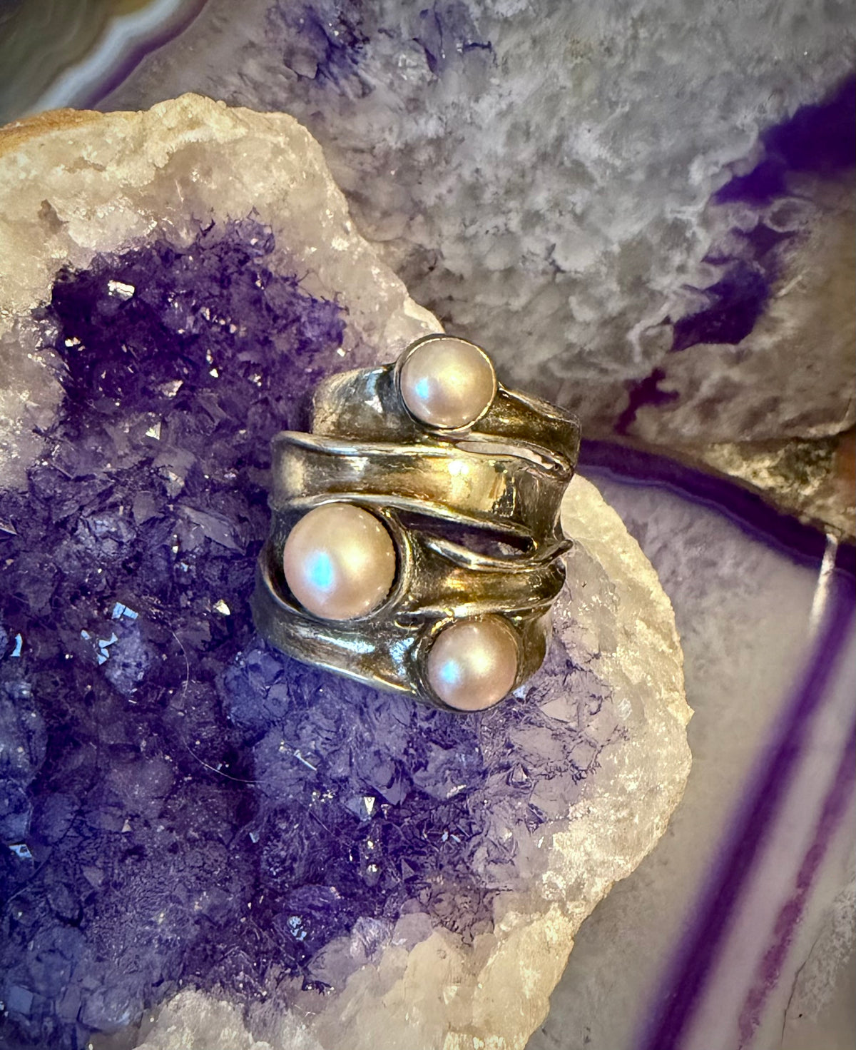 Vintage Israel Sterling Silver Modernist Pearl Abstract Ring Size 7