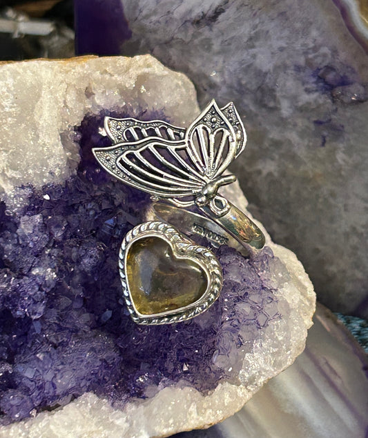 Sterling Silver Taxco Mexico Citrine Amber Heart & Butterfly Bypass Ring
