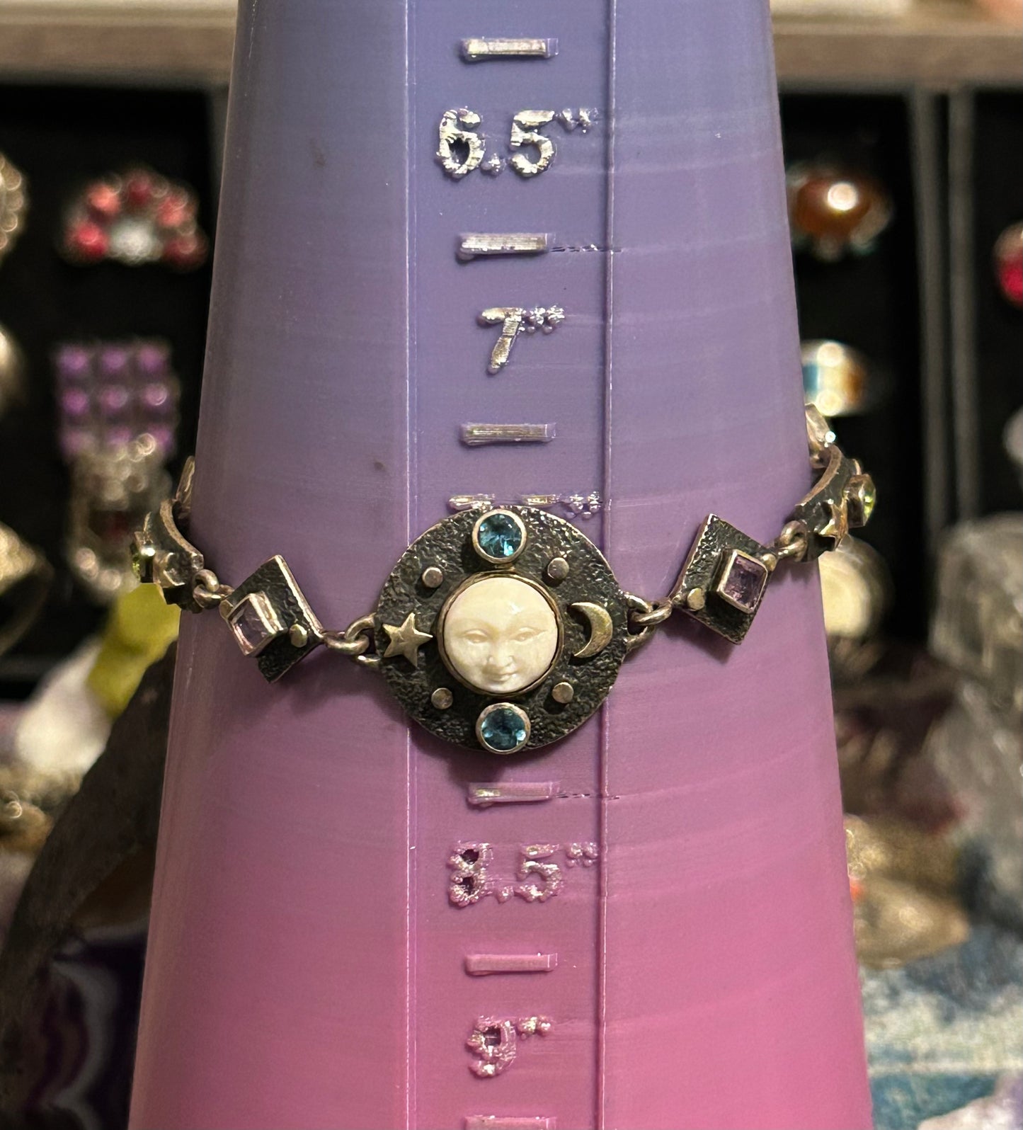 Vintage Sterling Silver 925 Goddess Moon Face Multi Gem Link Bracelet Sz 7.5