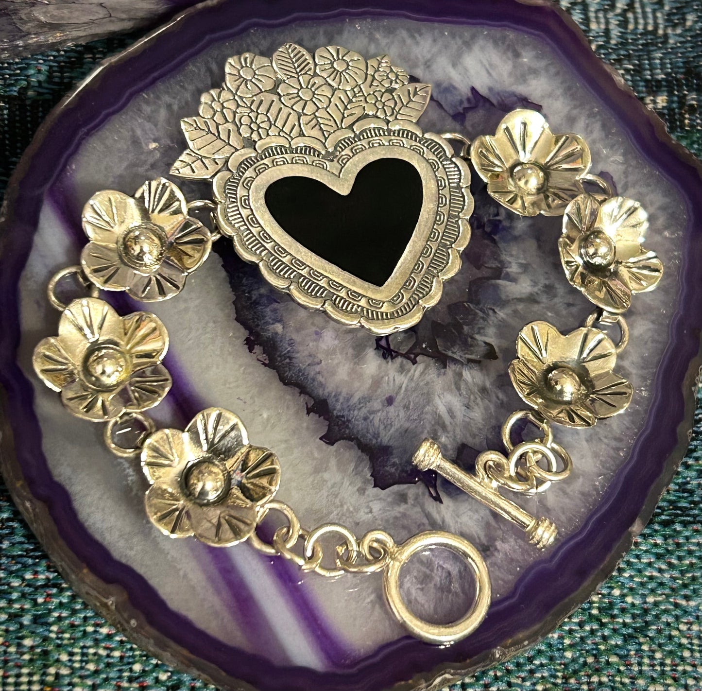 Sterling Silver Made In Taxco Flower & Heart Link Bracelet