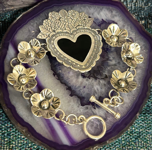 Sterling Silver Made In Taxco Flower & Heart Link Bracelet