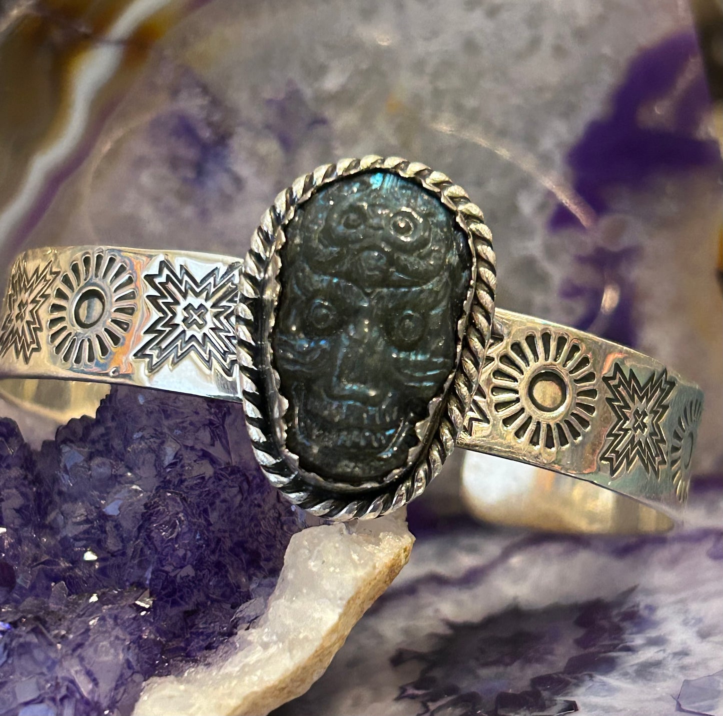 Sterling Silver Taxco Mexico Carved Skull Stone Cuff Handmade Stamped Bracelet