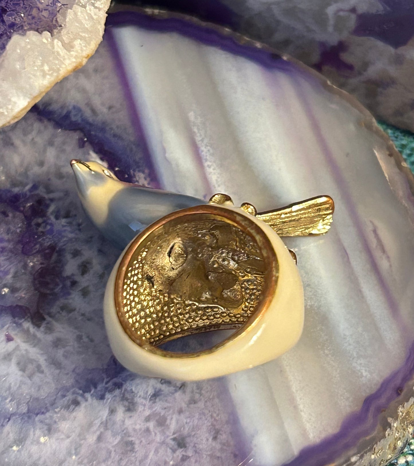 Vintage Gold Tone And Enamel 3D Bird Ring Size 6