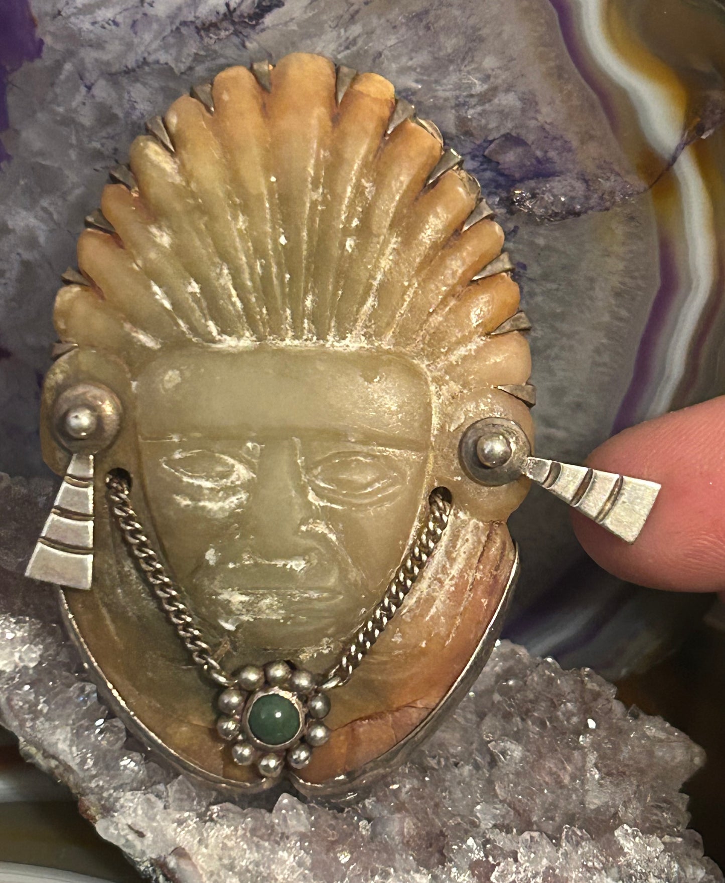 Vintage Mexico Sterling Silver & Carved Stone Warrior Mask Brooch / Pin