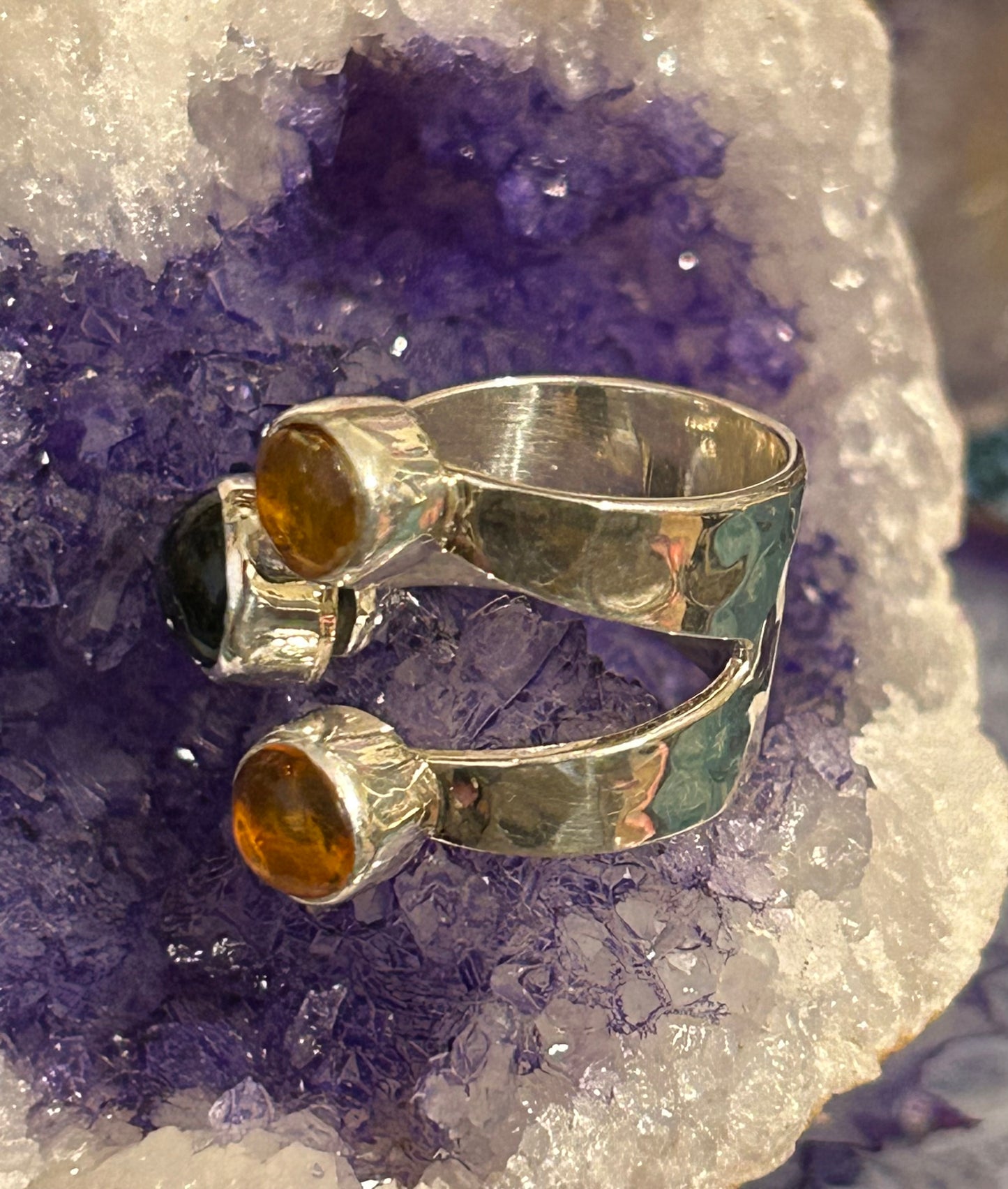 Sterling Silver Made In Taxco Mexico Bypass Ring With Onyx And Amber Size 7-8