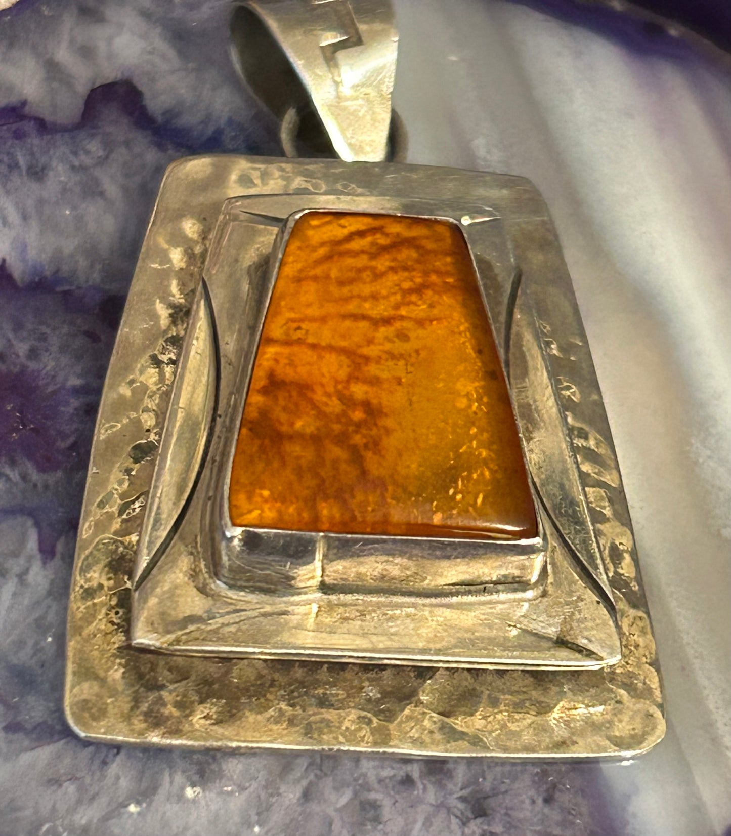 Sterling Silver Native American Baltic Amber Large Pendant Signed OO