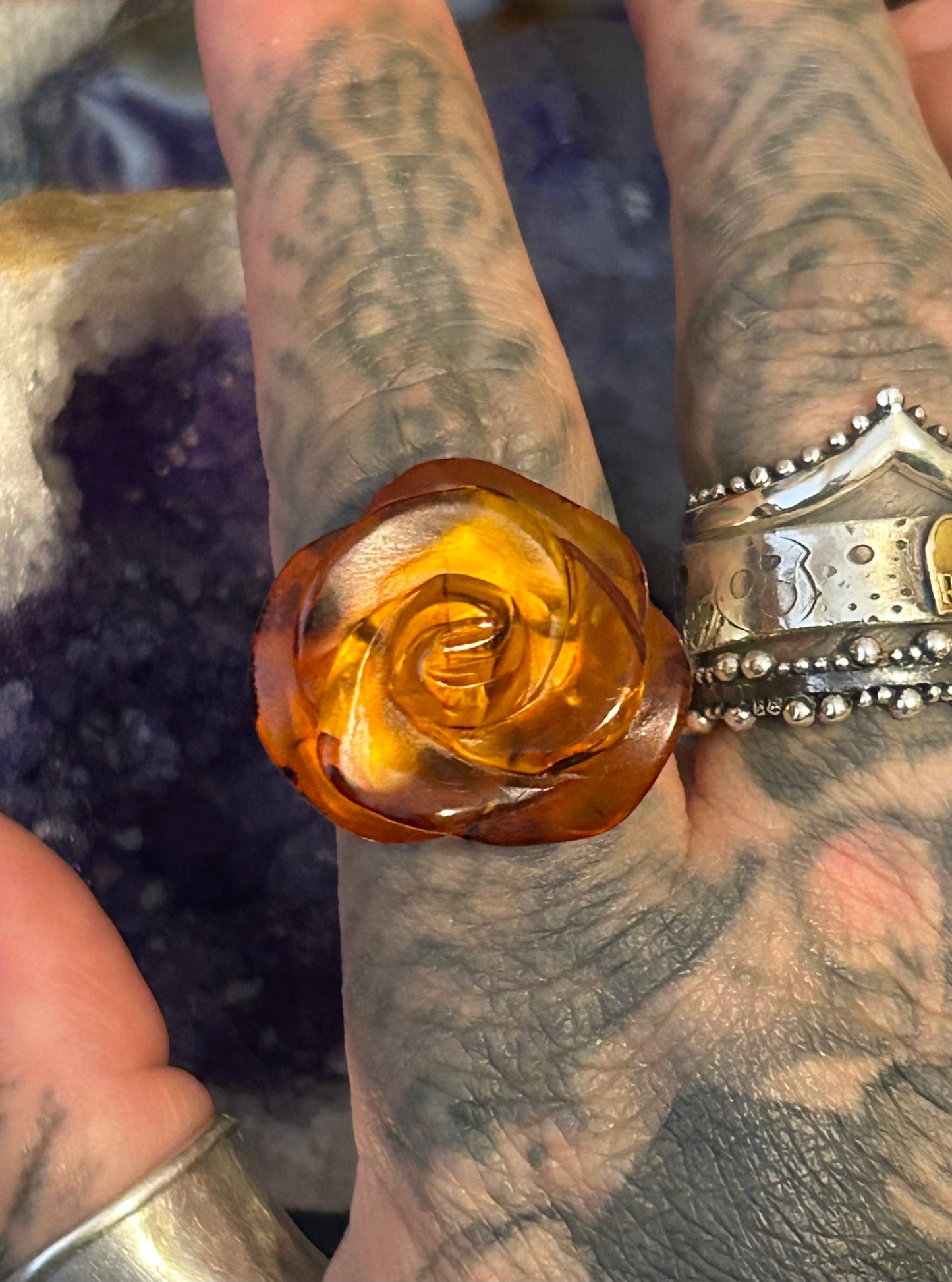 Sterling Silver Baltic Cognac Amber Carved Rose Adjustable Ring