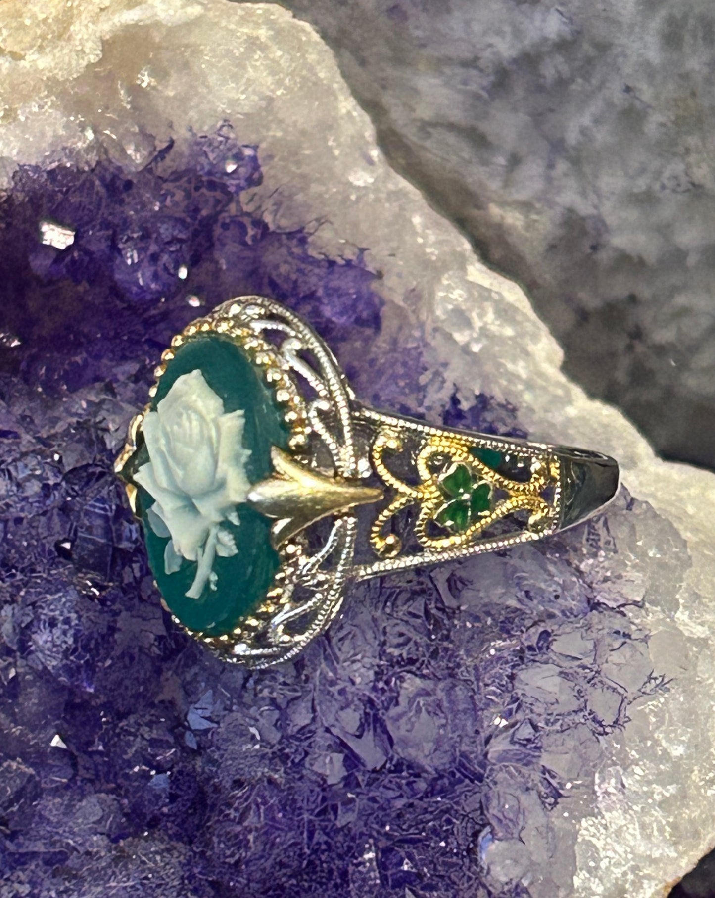 Vintage Sterling Silver Rose Cameo Green Onyx Ring Size 10