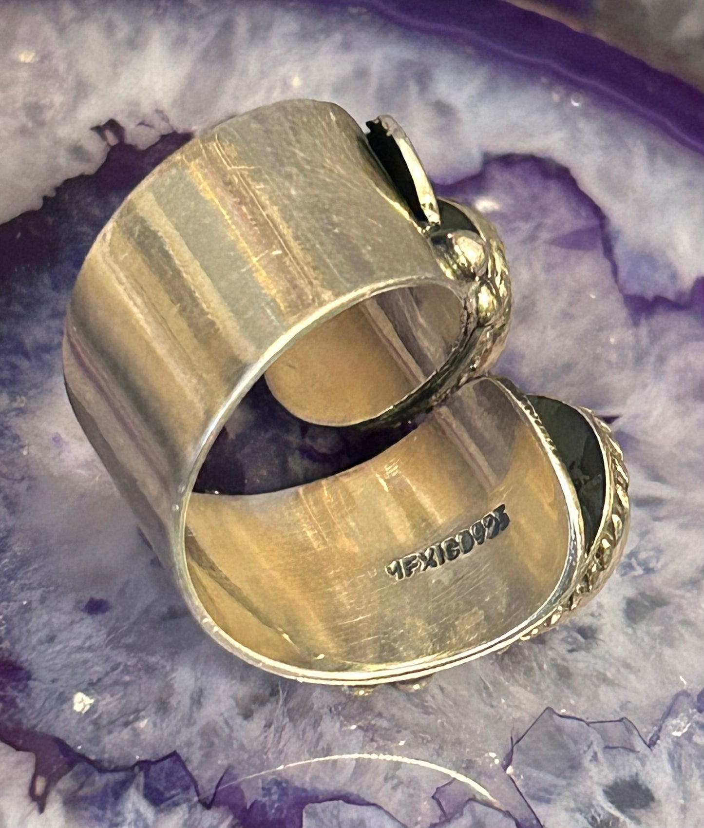 Sterling Silver Made In Taxco Mexico Large Bypass Ring w/ Amethyst & Leaves