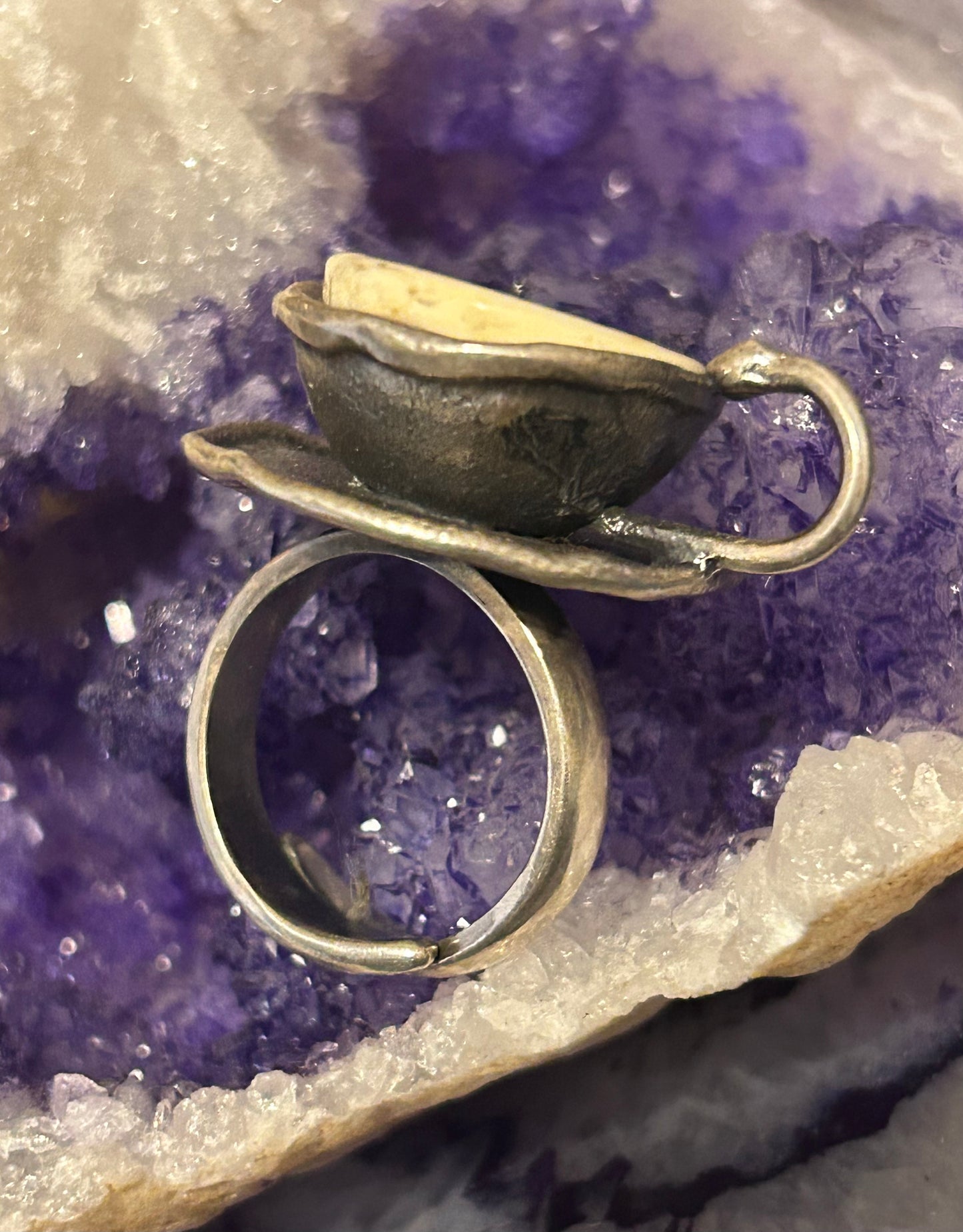Sterling Silver And Butterscotch Amber Coffee Tea Cup Adjustable Ring