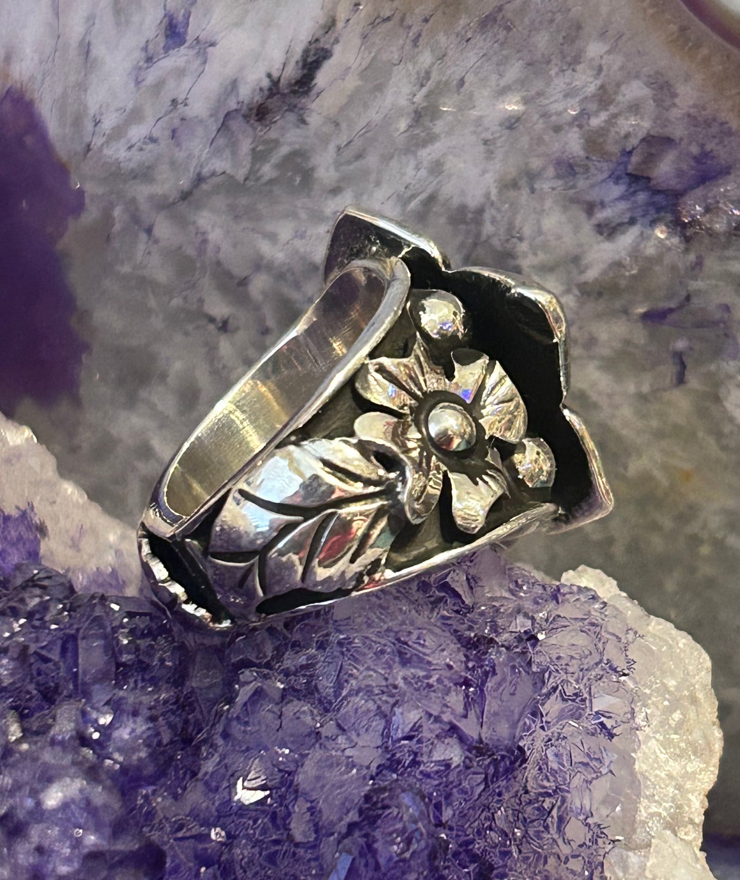 Sterling Silver Taxco Mexico Large Flower And Leaf Ring Size 7.25-9