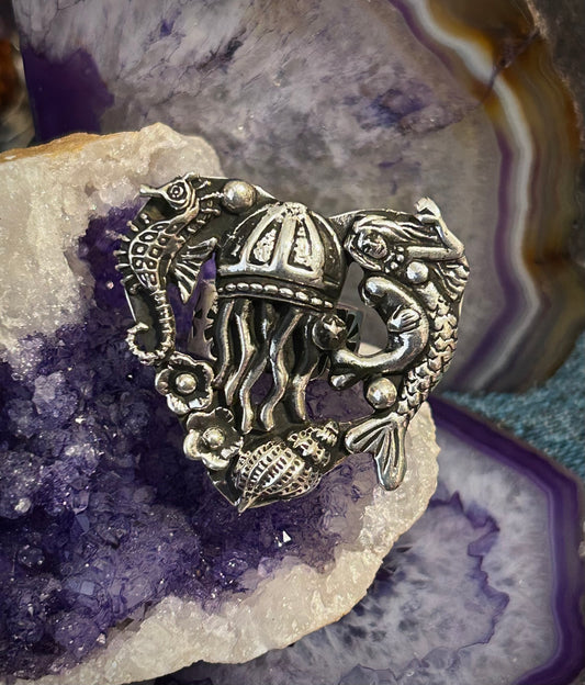 Sterling Silver Taxco Mexico Large Statement Ocean Theme Mermaid Jellyfish Ring • Adjustable
