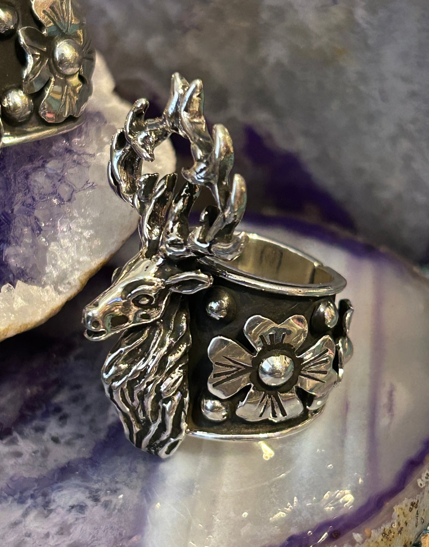 Sterling Silver Taxco Mexico Stag Deer & Flowers Statement Ring