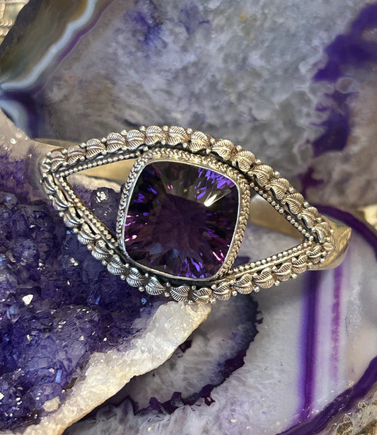 Sterling Silver Bali Large Amethyst Stone Cuff Bracelet