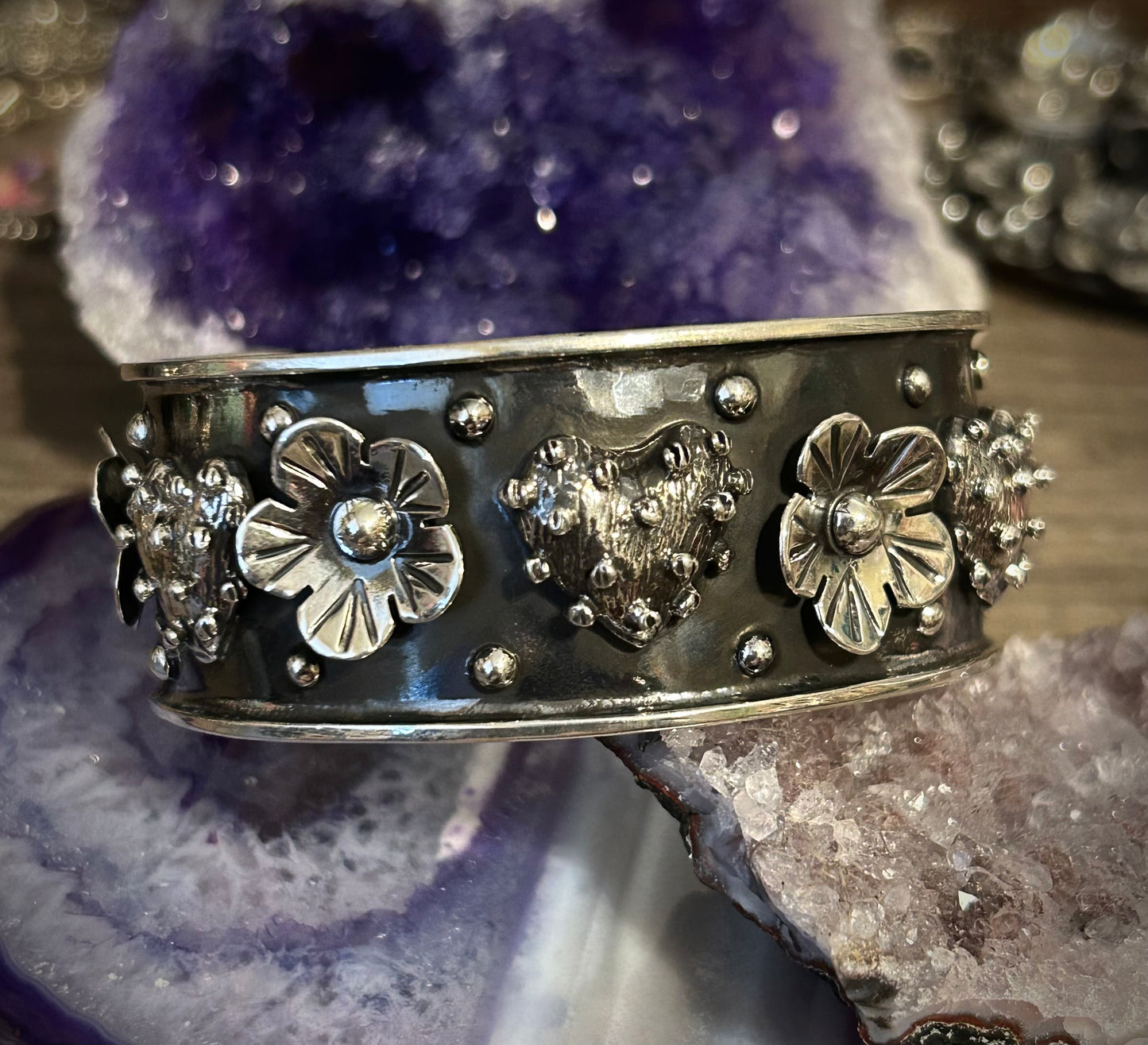 Sterling Silver Taxco Heart And Flower Handmade Cuff Bracelet