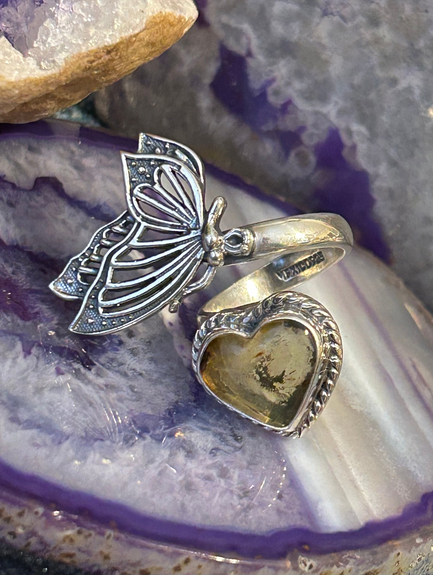 Sterling Silver Taxco Mexico Citrine Amber Heart & Butterfly Bypass Ring
