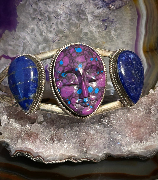 Sterling Silver Peaceful Face Blue Lapis And Mojave Cuff Bracelet