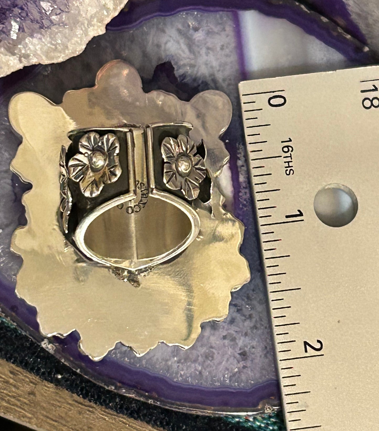 950 Silver Taxco Mexico Large Spider W/ Labradorite & Flowers Sz 7-8.5