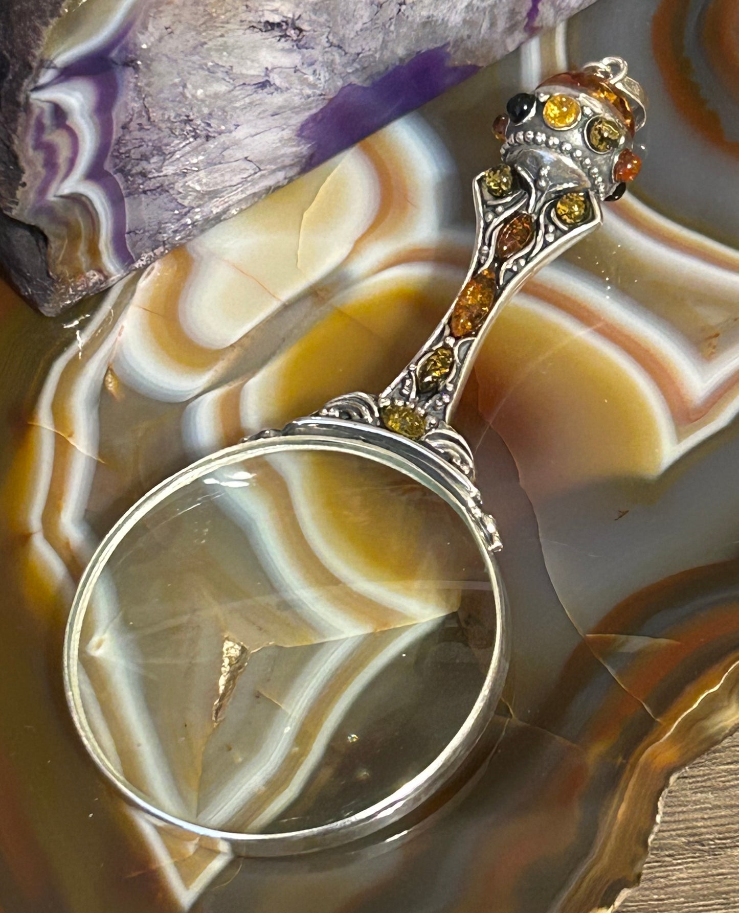 Sterling Silver & Baltic Amber Magnifying Glass Pendant