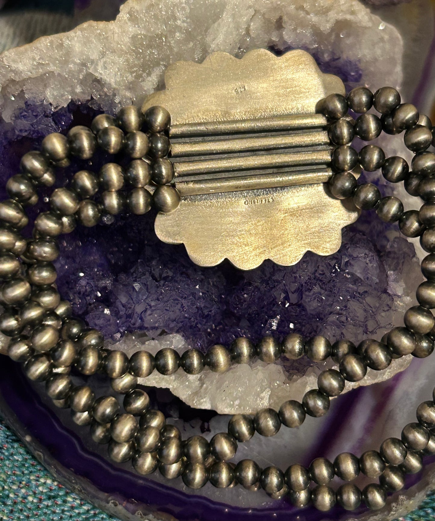 Sterling Silver Desert Pearl Ball Beads and Square Turquoise Four Band Stretch Bracelet