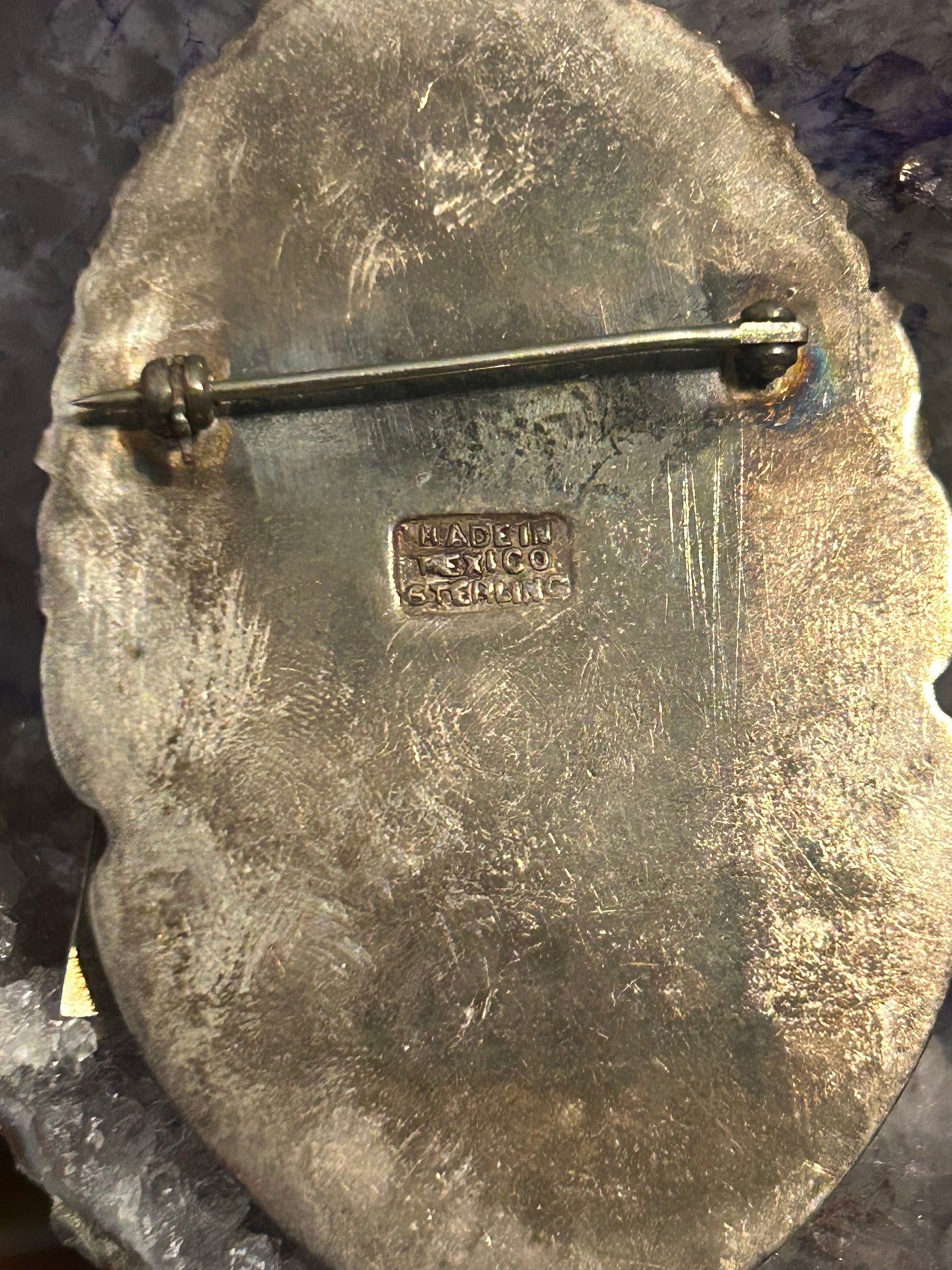 Vintage Mexico Sterling Silver & Carved Stone Warrior Mask Brooch / Pin