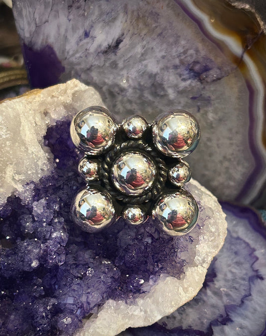 Sterling Silver Taxco Mexico Large Square Balls Modernist Ring Adjustable