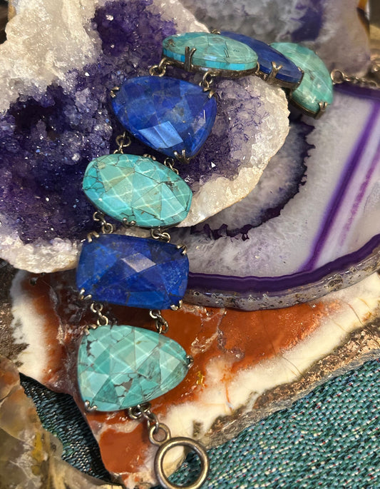 Vintage Whitney Kelly Sterling Silver Faceted Lapis & Turquoise Link Bracelet