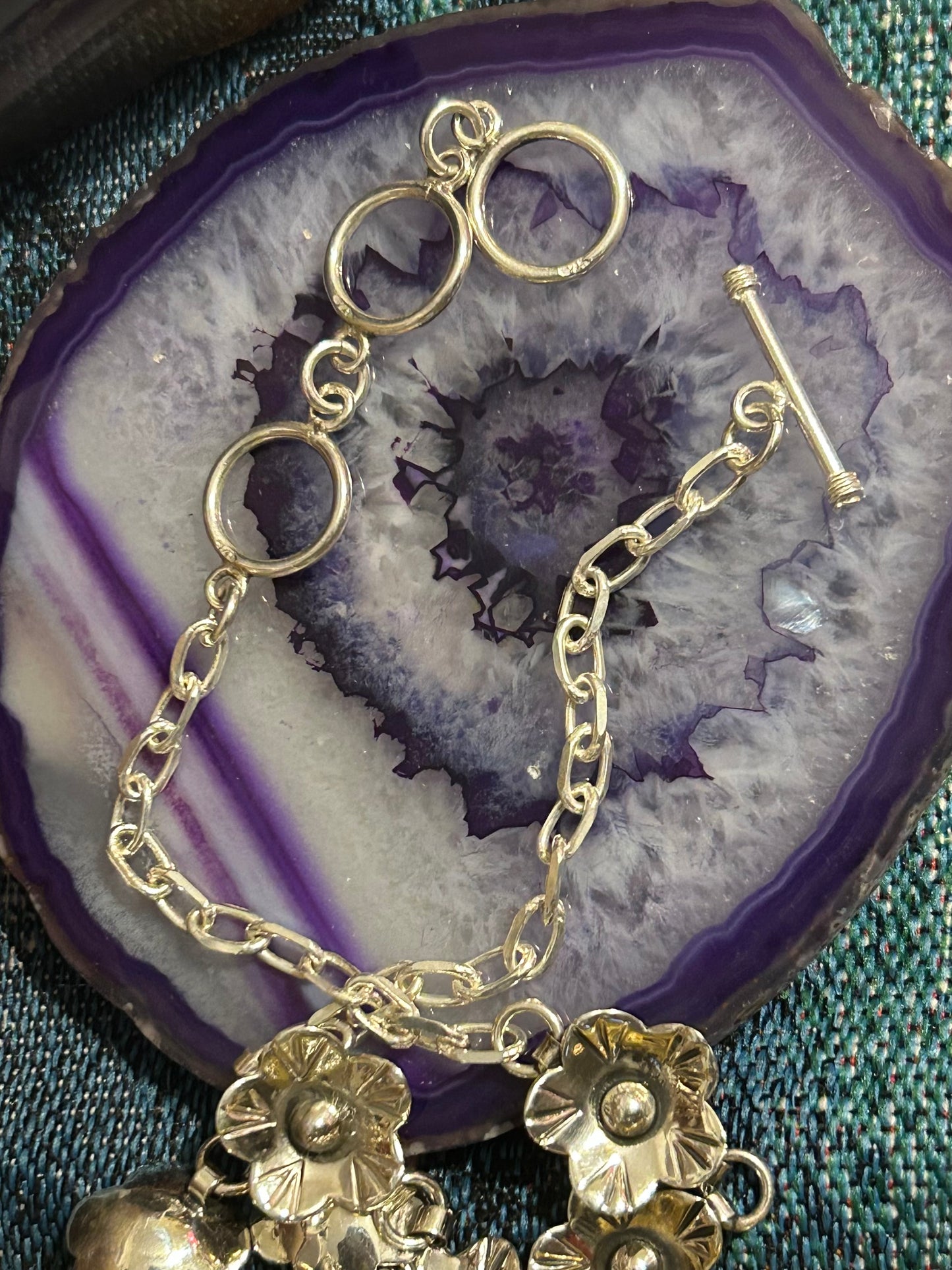 Sterling Silver 925 Made In Taxco Flower & Heart Link Necklace