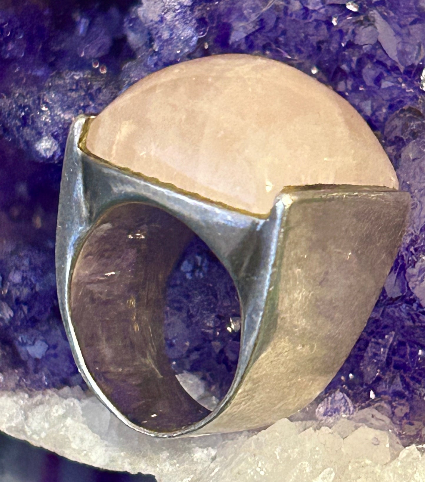 Vintage Sterling Silver Chunky Rose Quartz Modernist Ring Size 5