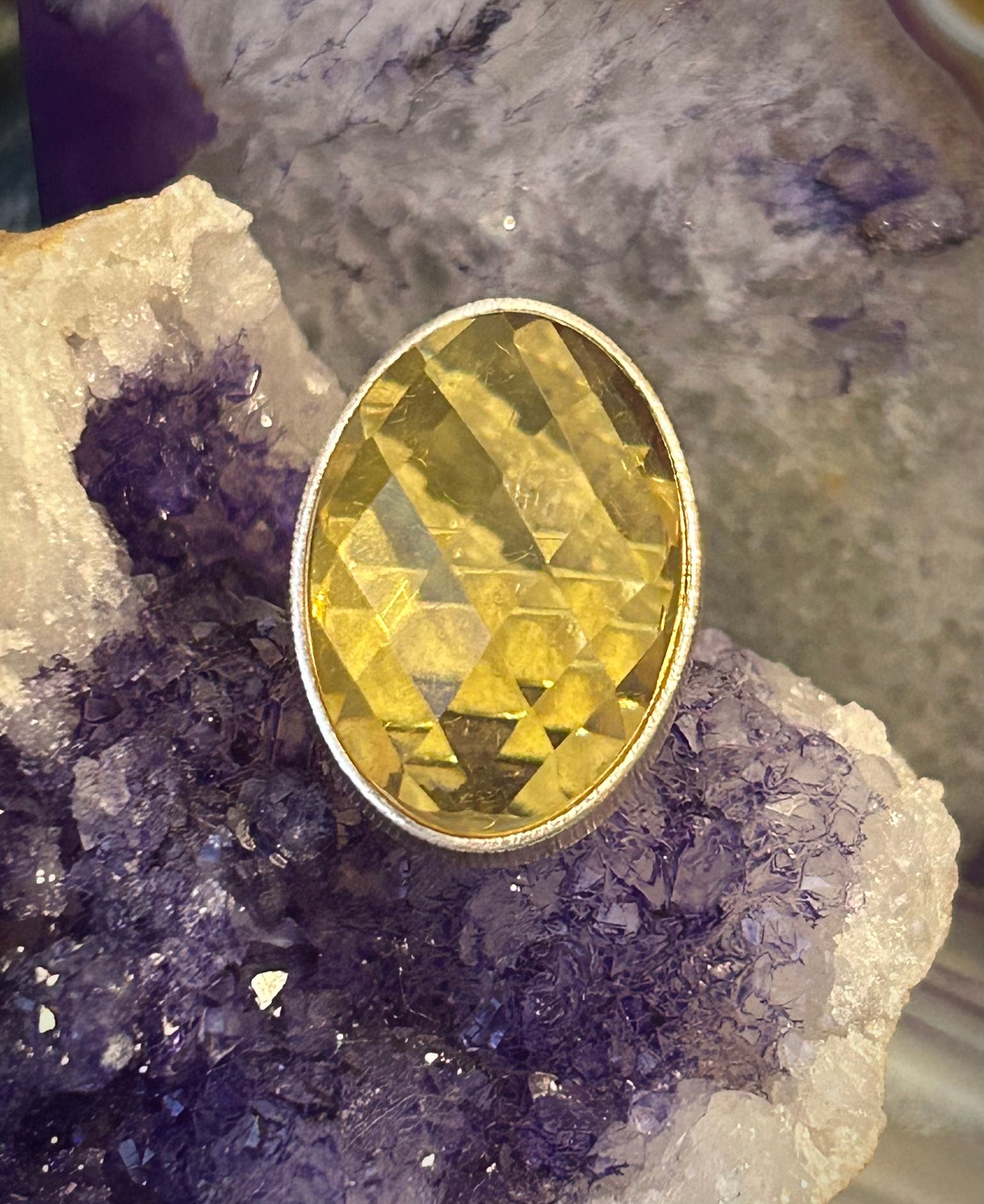 Sterling Silver Natural Citrine Faceted Amber Large Ring Adjustable