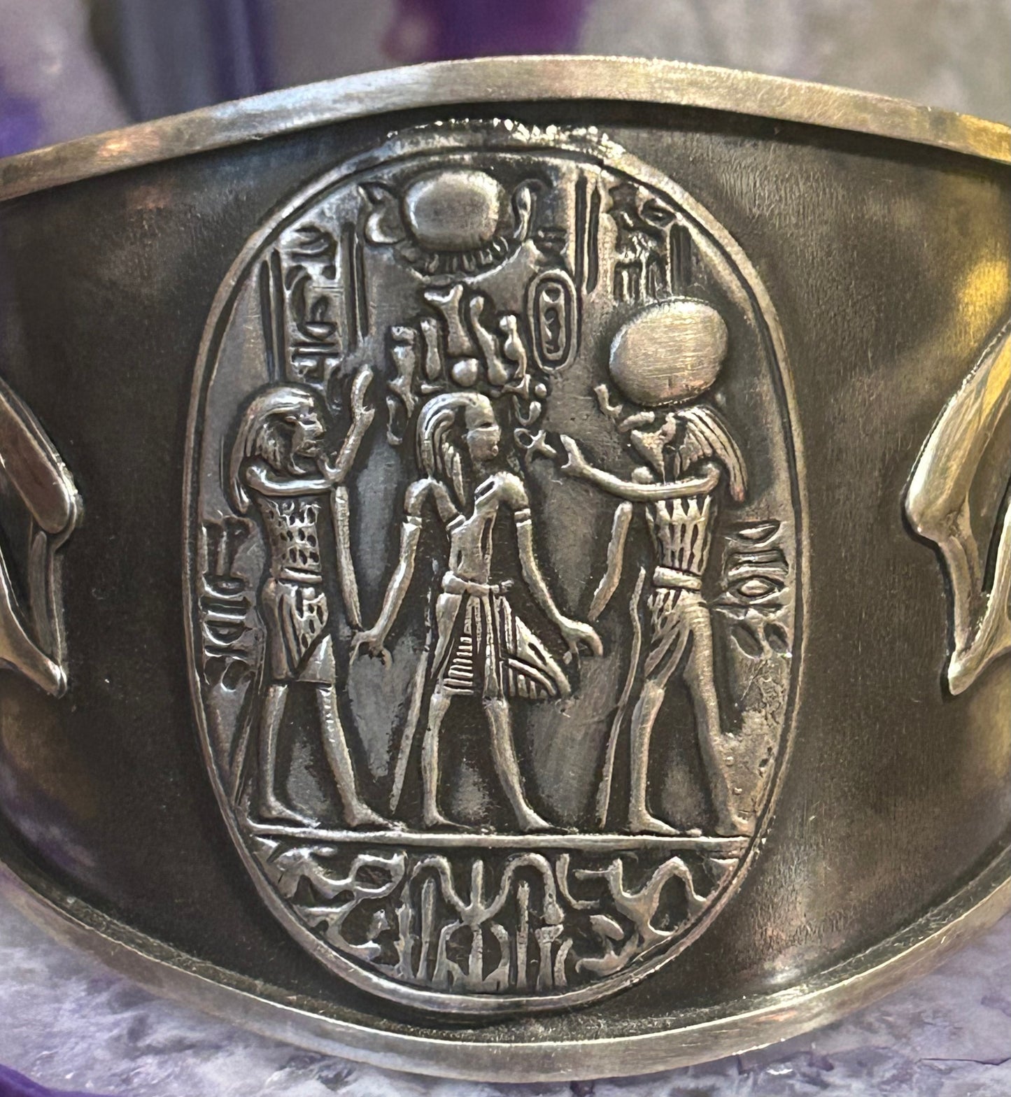 Sterling Silver Egyptian Crowning Of King Tut W/ Eye Of Horus Cuff Bracelet