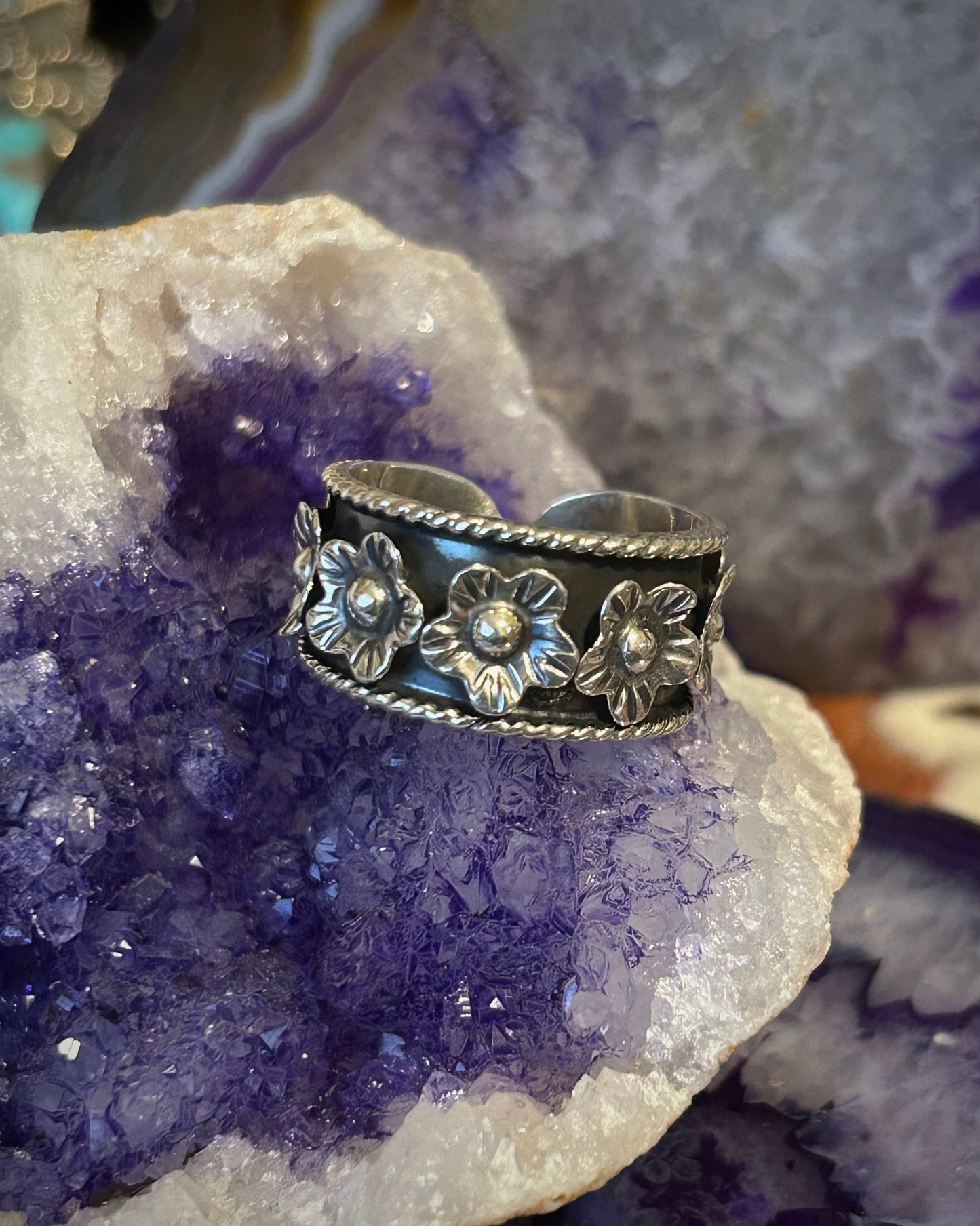 Sterling Silver Modern Taxco Flowers & Rope Band Ring Size 11-12.5