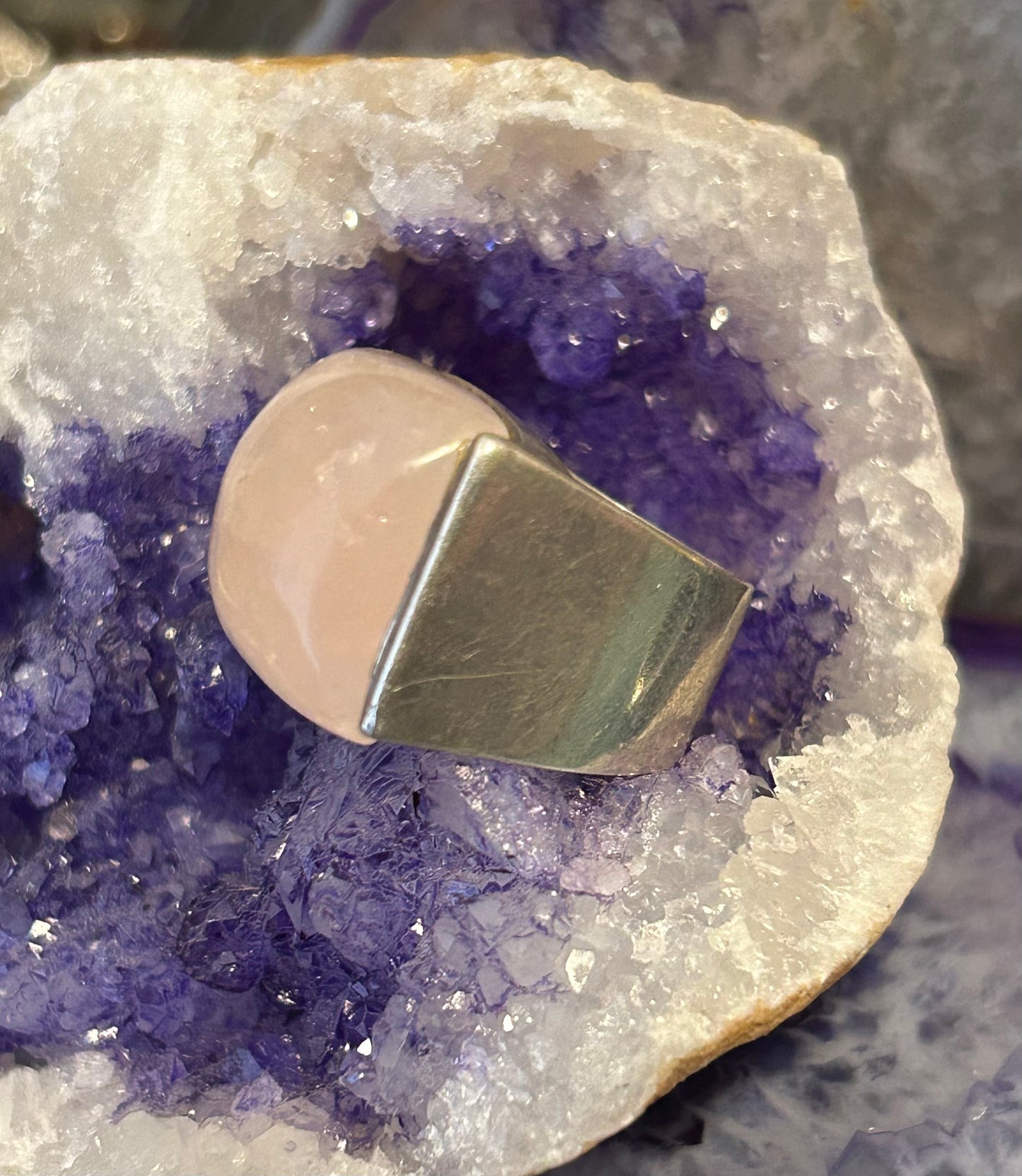 Vintage Sterling Silver Chunky Rose Quartz Modernist Ring Size 5