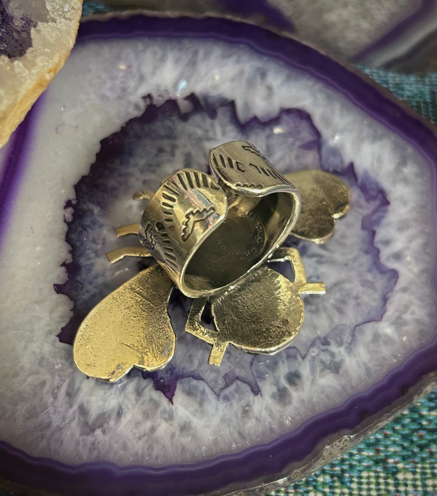 Sterling Silver Taxco Mexico Bee Insect Ring With Turquoise • Adjustable Size 7-9