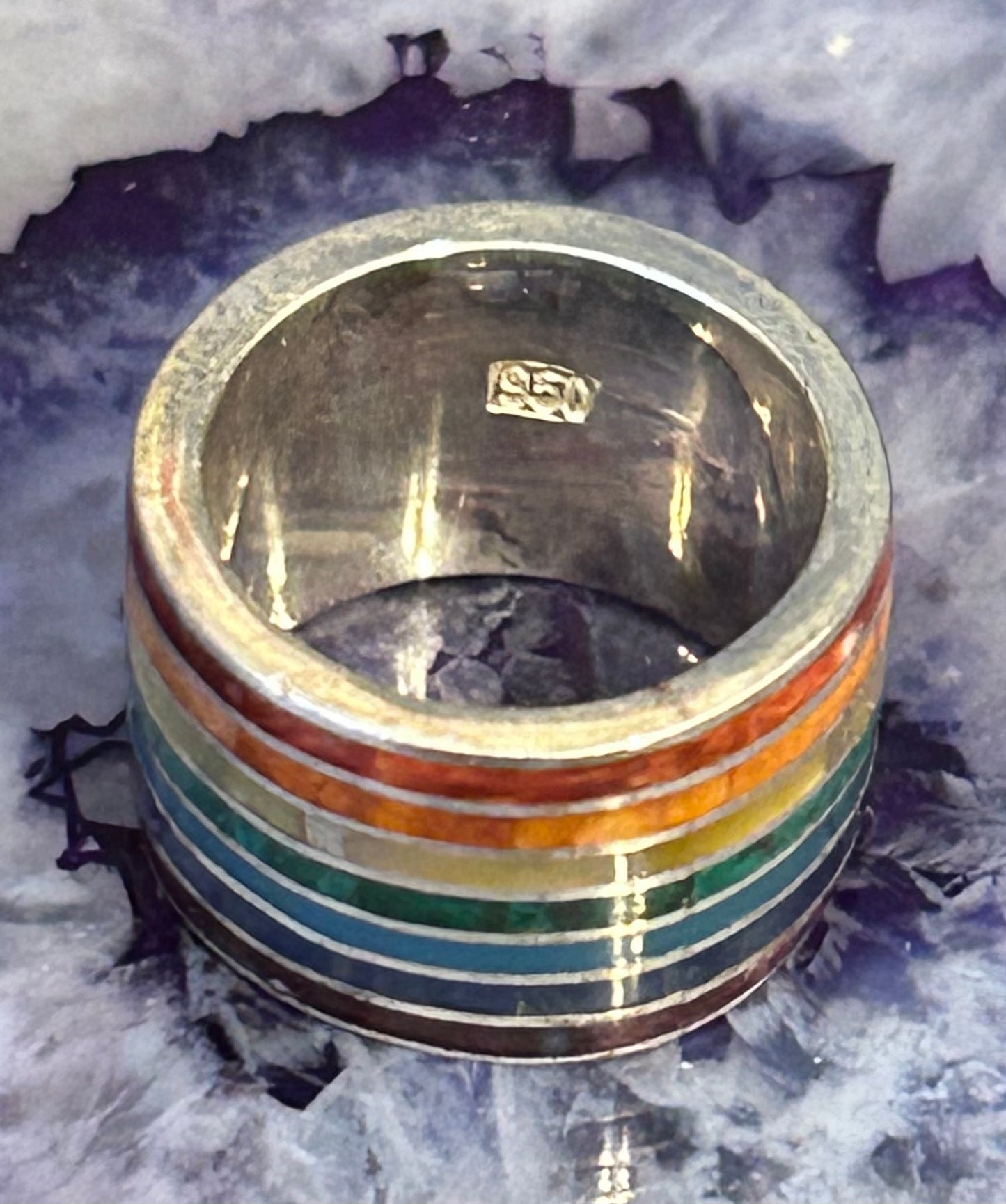 Sterling Silver Rainbow Color Stone Inlay Thick Wide Band Ring Size 4