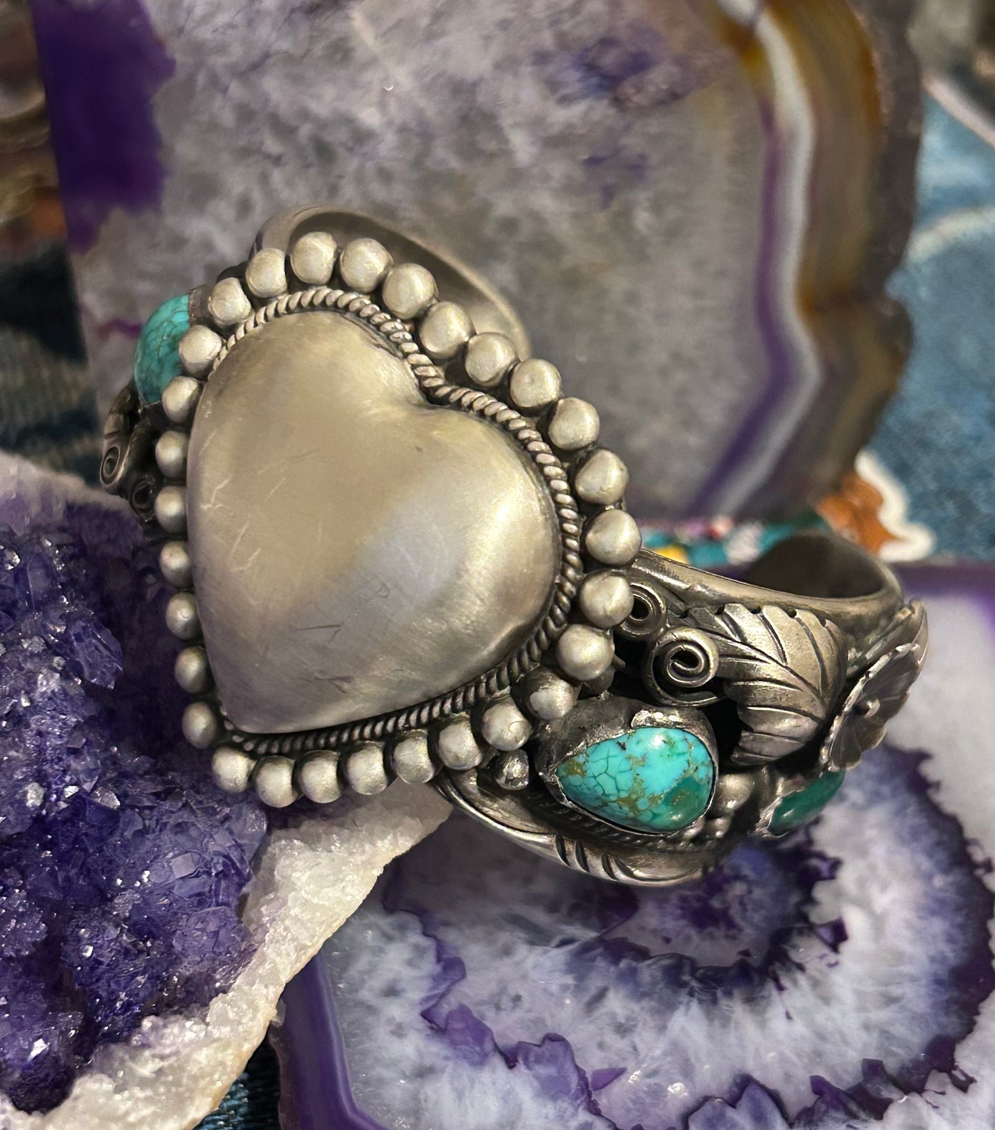 GuzFurbished Sterling Silver Heart & Turquoise Cuff Bracelet