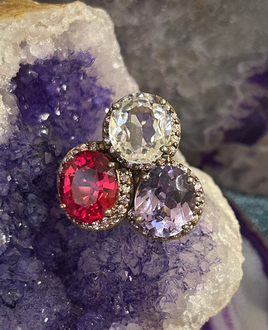 Sterling Silver w/ Gold Over & Genuine Ruby, Amethyst, White Topaz Ring Size 6