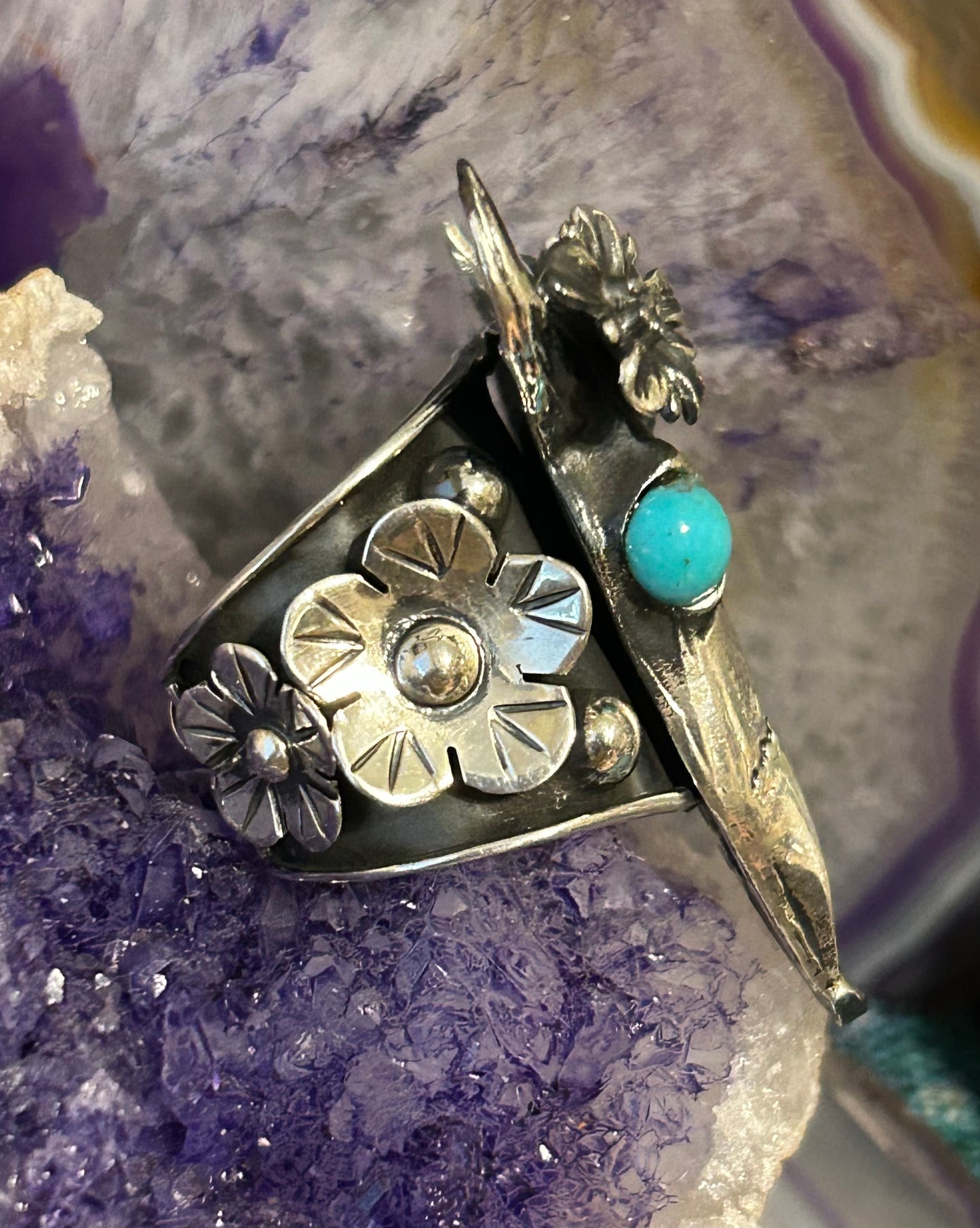 Sterling Silver Taxco Mexico Large Bull Skull W/ Flowers Statement Ring Sz 7-8.5