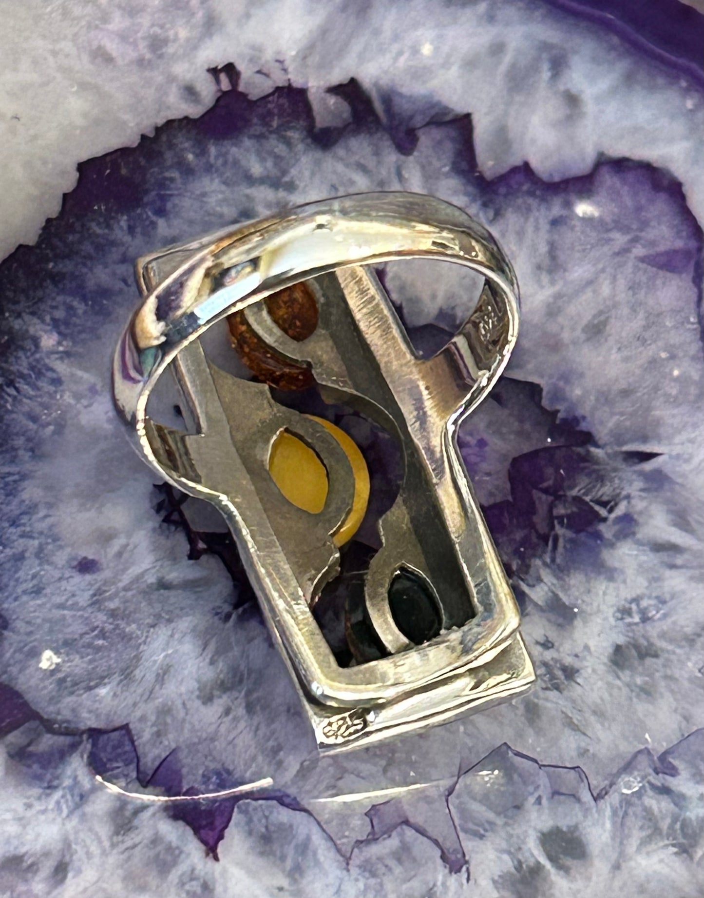 Vtg Deadstock Sterling Silver Abstract Modernist Baltic Amber Ring Size 9