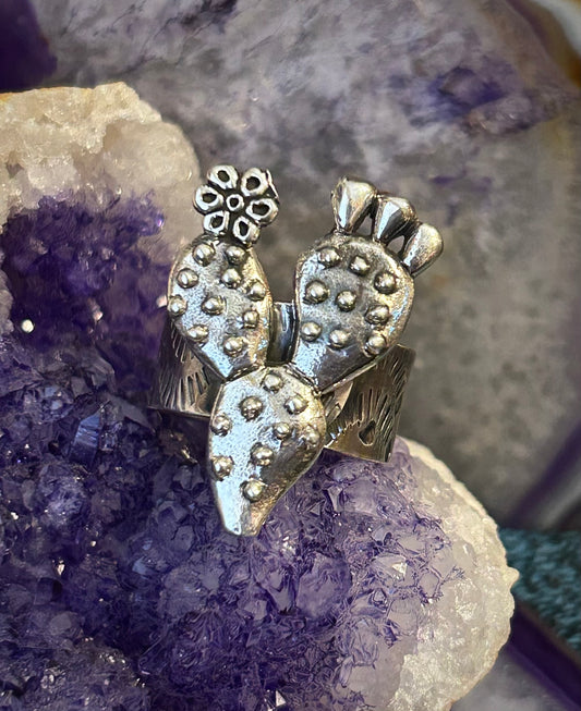 Sterling Silver Taxco Mexico Flower Cactus Adjustable Ring