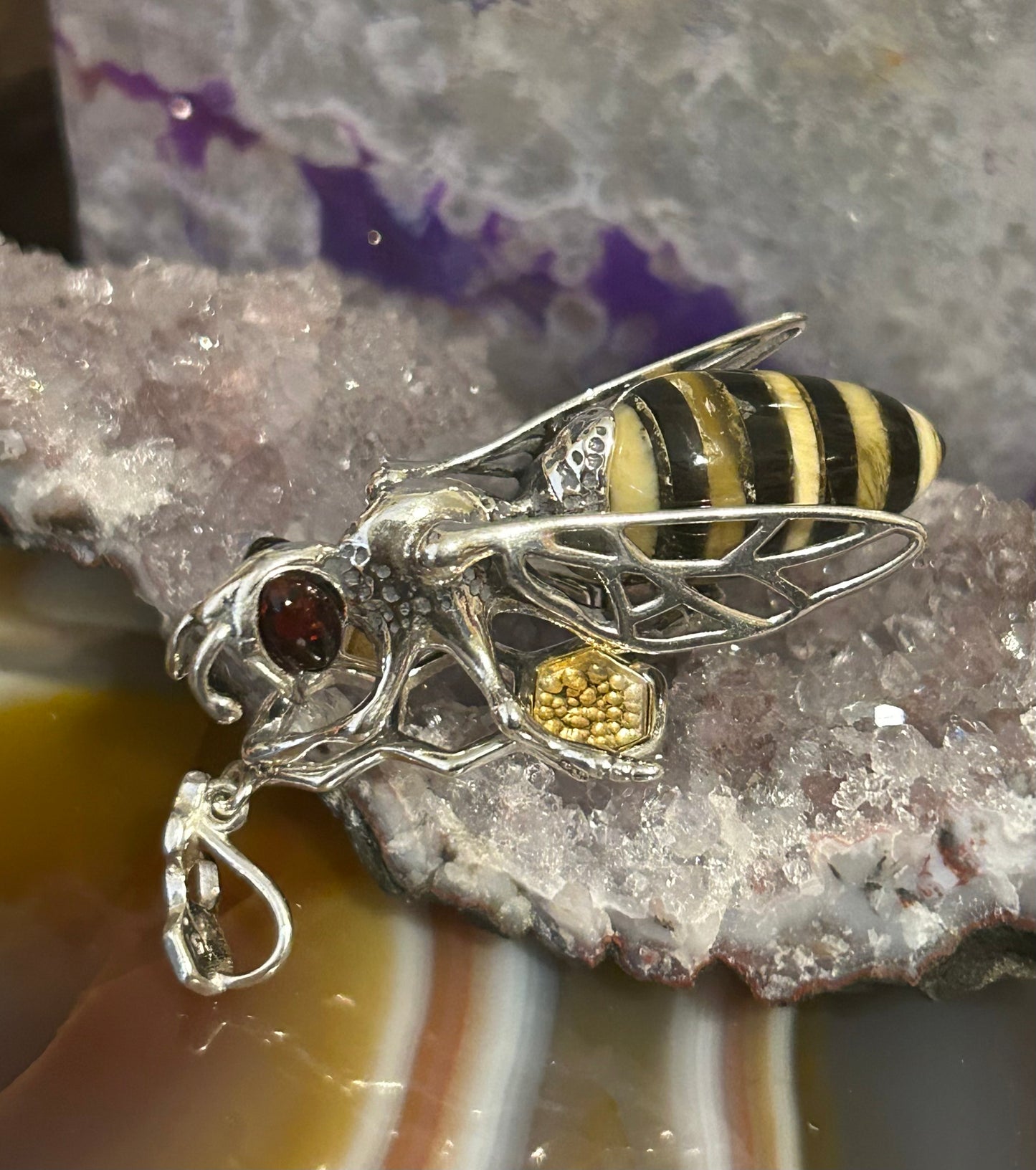 Sterling Silver & Genuine Amber Large Bee Pendant