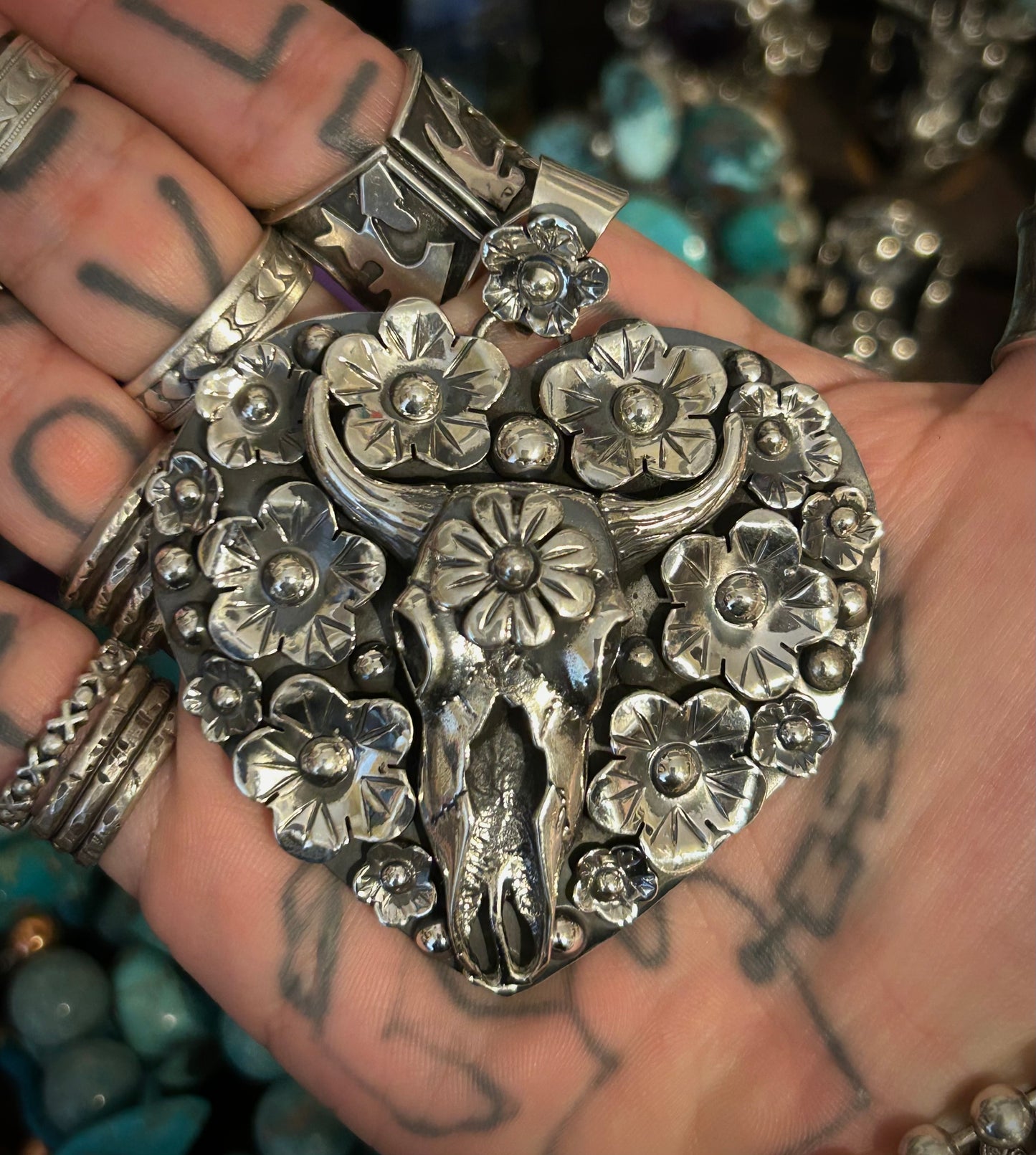 Sterling Silver Taxco Bull Skull w/ Flowers Statement Heart Pendant
