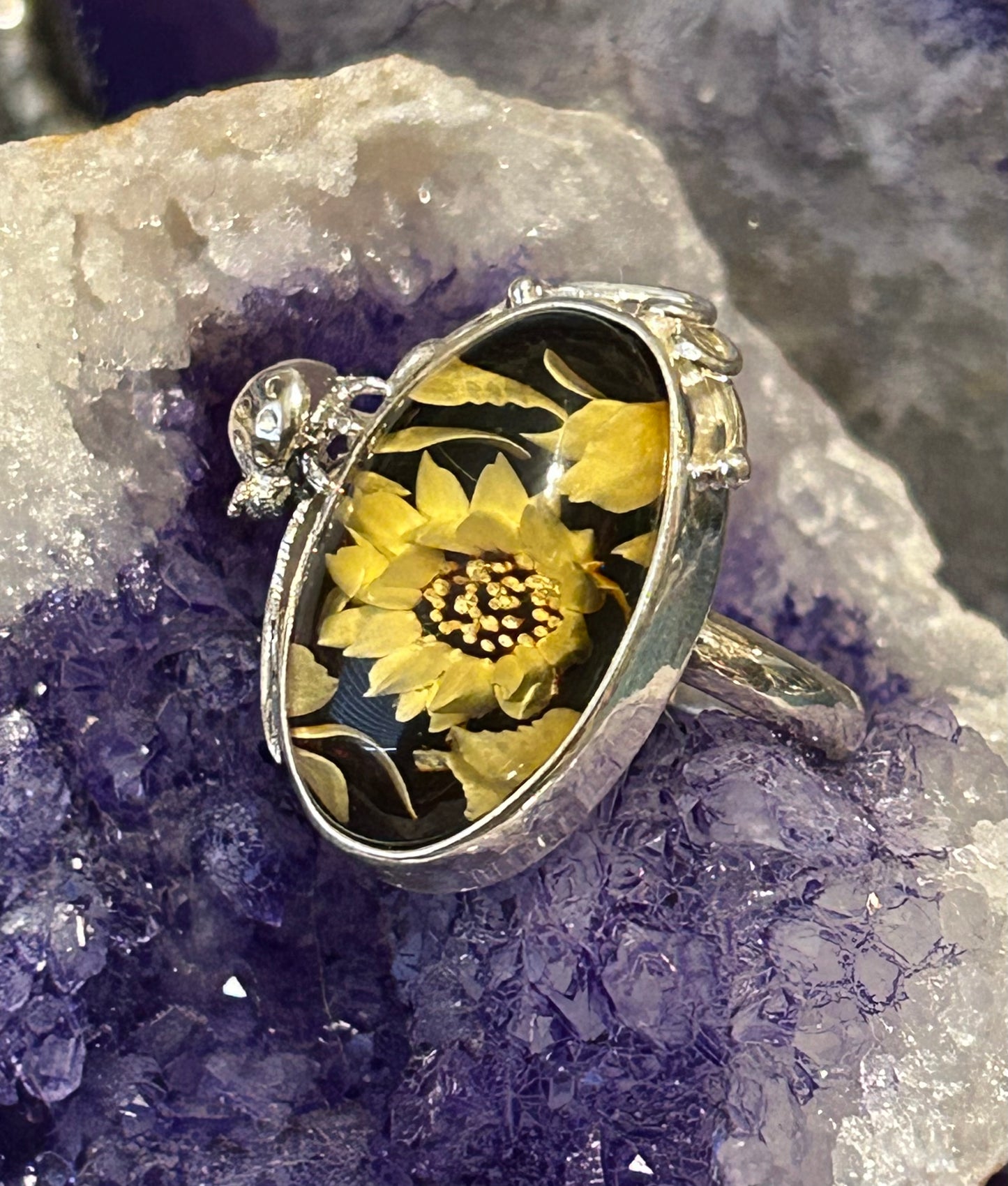 Sterling Silver Carved Amber Ring With Flowers & Amethyst Lady Bug • Adjustable